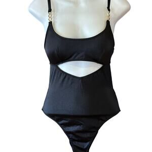 Victoria's Secret Women's Small Black One Piece Swimsuit Padded Top Gold Trim